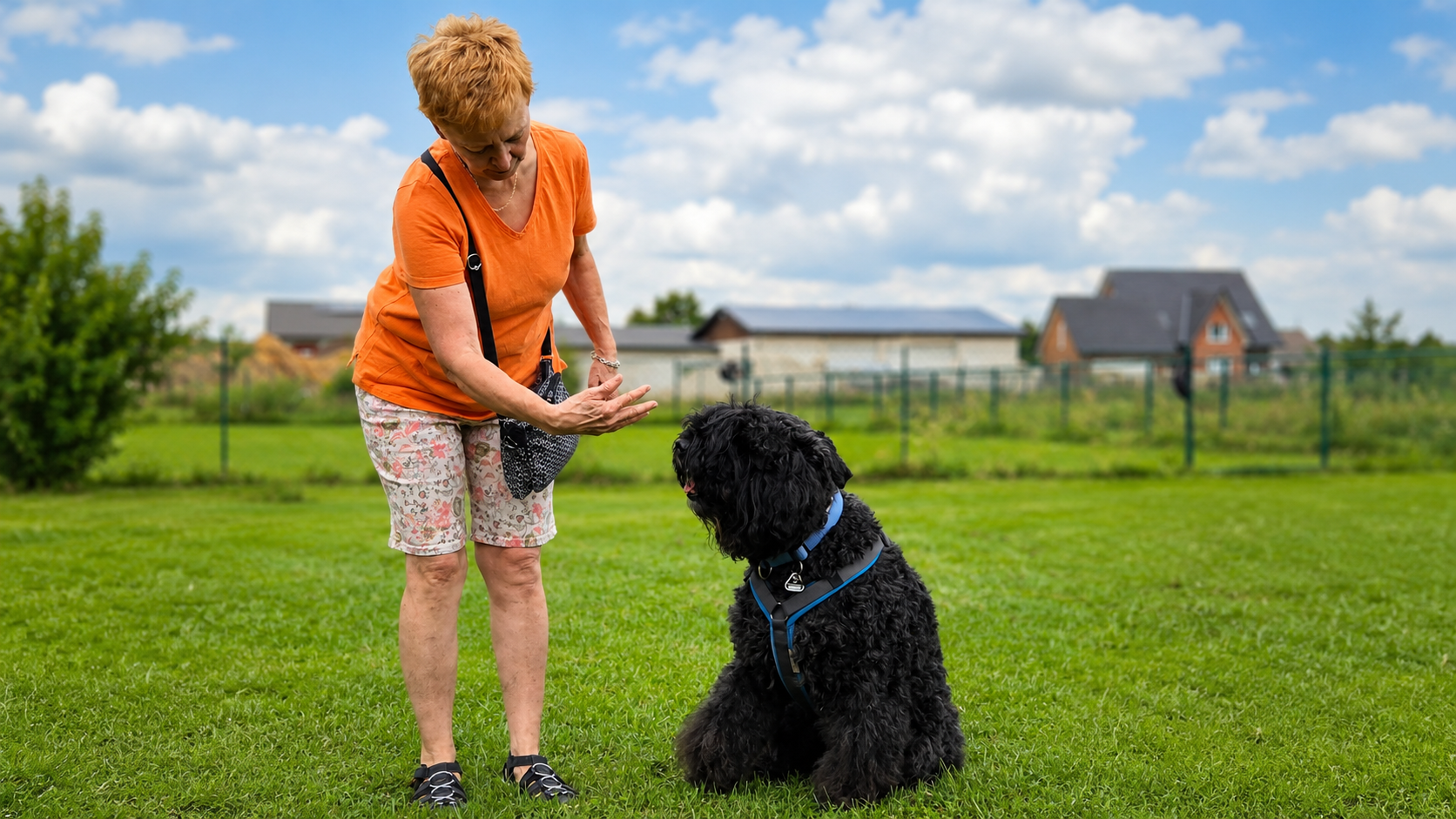 Hundehalterin trainiert mit ihrem aufmerksamen schwarzen Hund auf dem Außengelände von Campus4Dogs in Bad Laer. Beide arbeiten konzentriert und harmonisch zusammen.