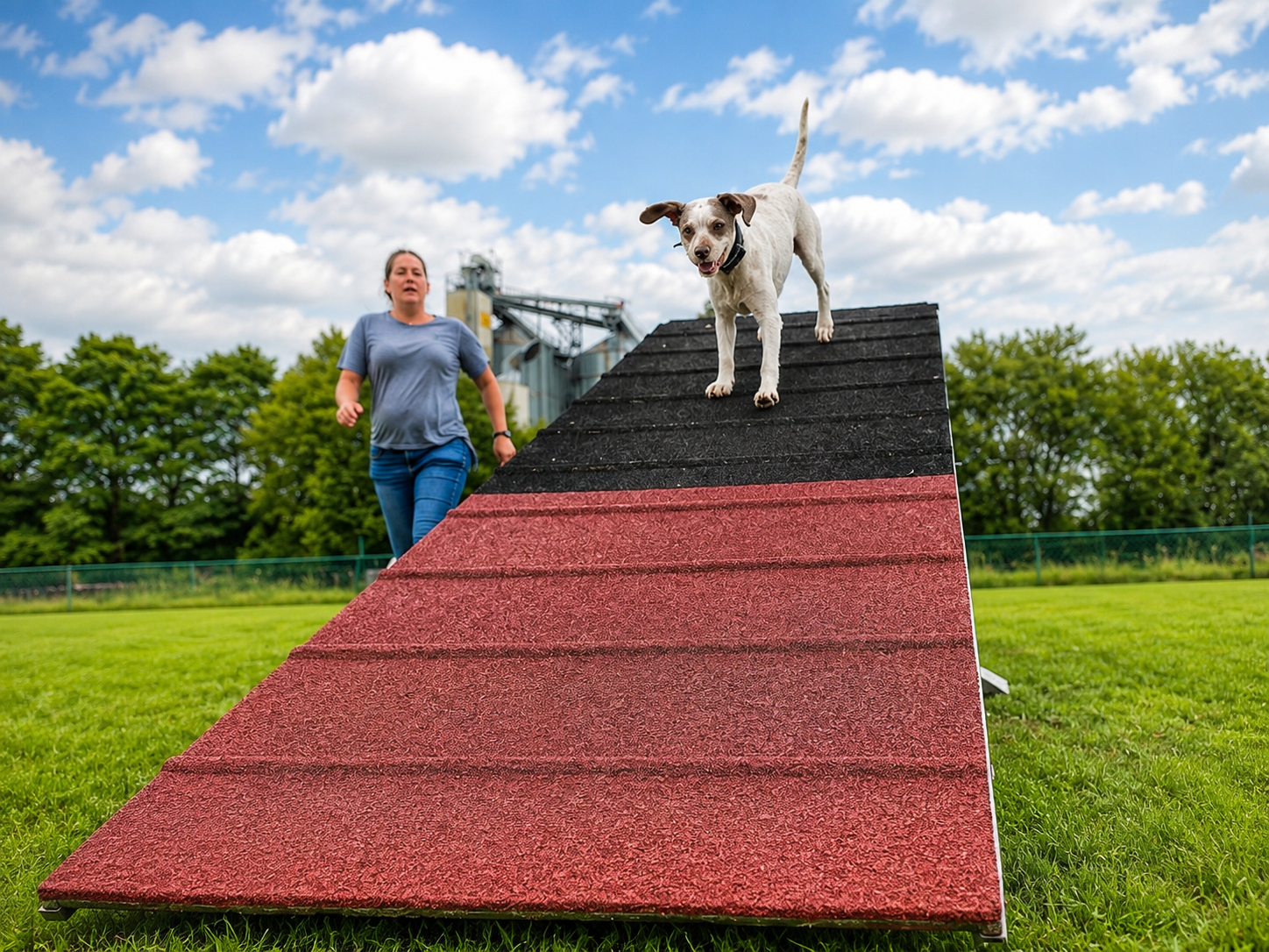 Weißer Hund überquert eine Agility-Wand auf dem Trainingsgelände von Campus4Dogs, während eine Trainerin ihn aufmerksam begleitet.