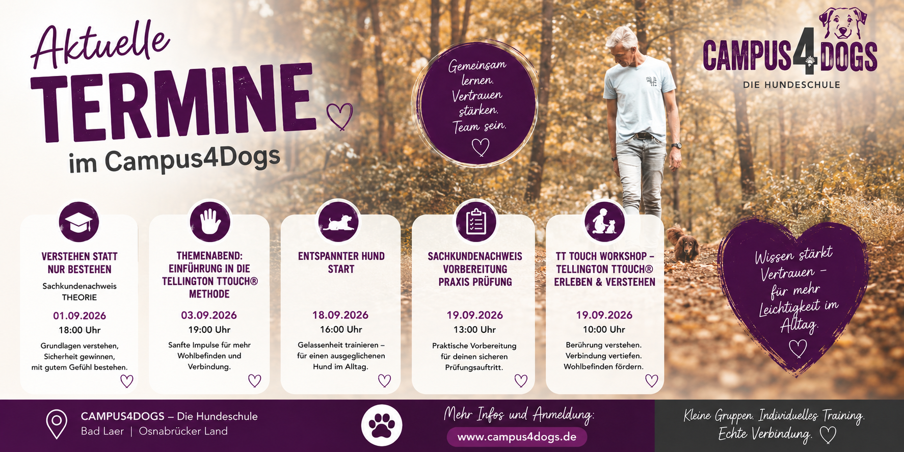 Aktuelle Termine der Hundeschule Campus4Dogs in Bad Laer im September 2026 mit Sachkundenachweis, Tellington TTouch®, Entspannter Hund und Praxisvorbereitung.