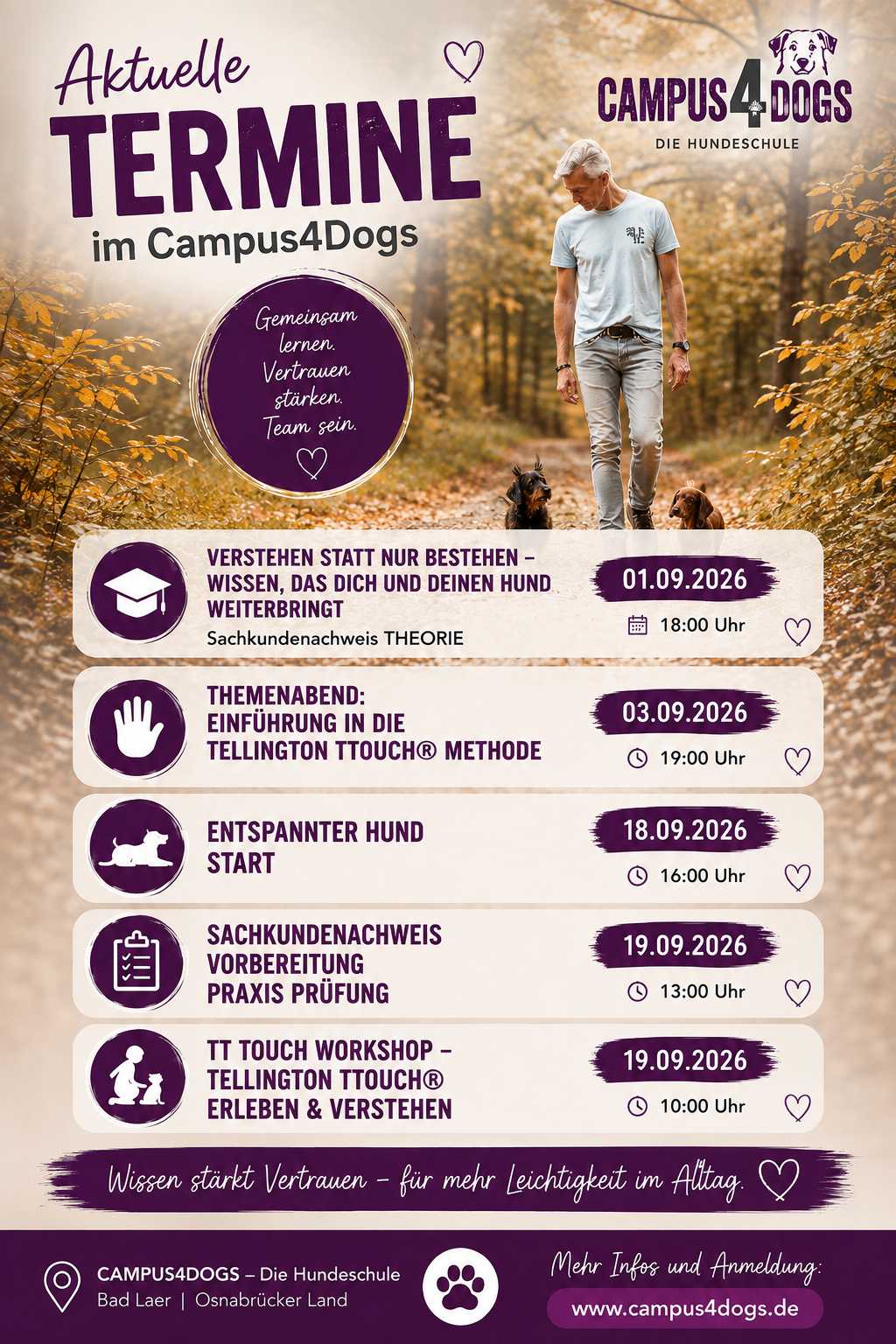 Aktuelle Termine der Hundeschule Campus4Dogs in Bad Laer im September 2026 mit Sachkundenachweis, Tellington TTouch®, Entspannter Hund und Praxisvorbereitung.