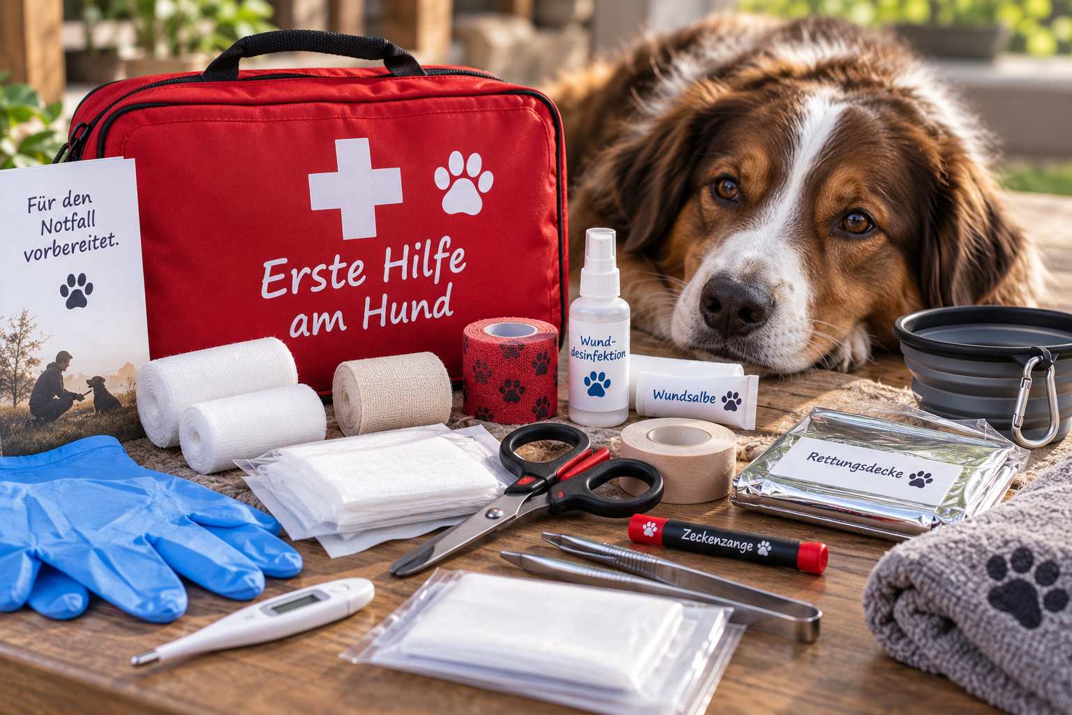 Erste-Hilfe-Ausrüstung für Hunde mit Verbandsmaterial und Hund
