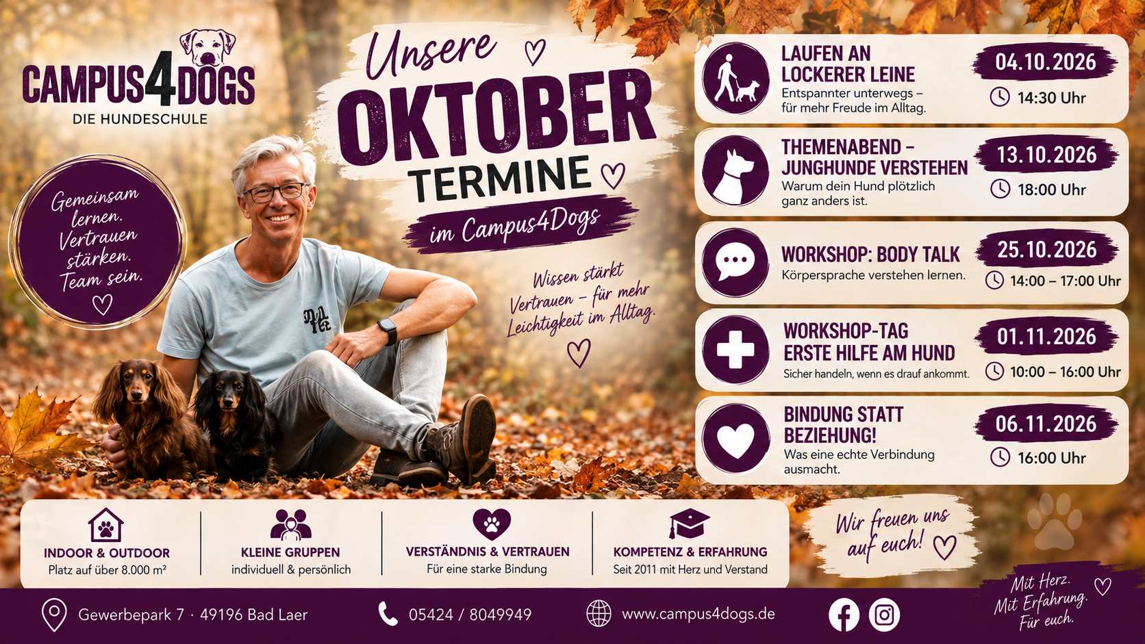 Aktuelle Termine bei Campus4Dogs in Bad Laer im Oktober und November 2026 mit Hundetraining, Themenabenden und Workshops.