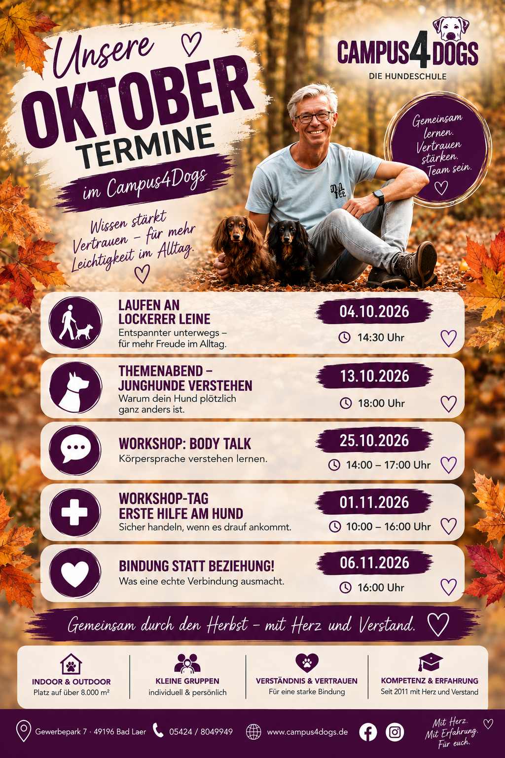 Oktober-Termine 2026 der Hundeschule Campus4Dogs in Bad Laer mit Frank und zwei Hunden im herbstlichen Wald.