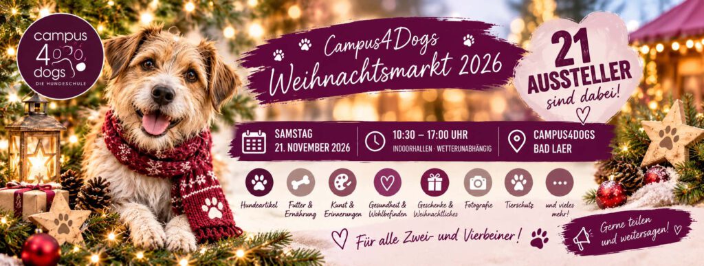 Weihnachtsmarkt 2026 bei Campus4Dogs in Bad Laer am 21. November mit 21 Ausstellern, Weihnachtshund und festlicher Dekoration.