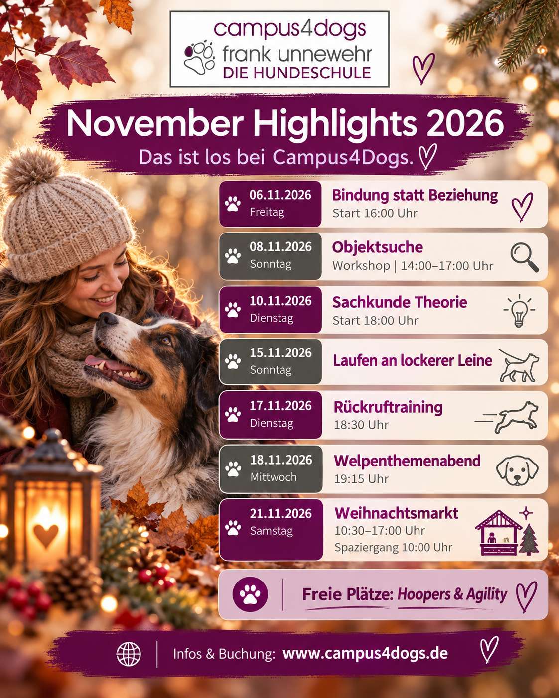 Oktober-Termine 2026 der Hundeschule Campus4Dogs in Bad Laer mit Frank und zwei Hunden im herbstlichen Wald.